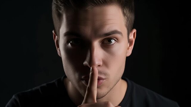 shushing man closeup portrait finger on lips silence gesture