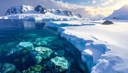 A stunning view of a glacial landscape with clear turquoise water and snow-covered mountains under a bright sun