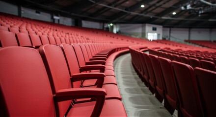 Fototapeta premium Empty red theater seats in a large auditorium with a curved row and dim lighting