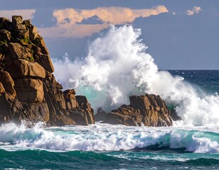 Ocean waves crashing against rocky shoreline.