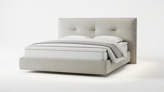Modern queen size bed with upholstered headboard and neutral tones isolated on white background. Ideal for luxury bedroom furniture advertising, hotel concepts, interior presentations, and online stor