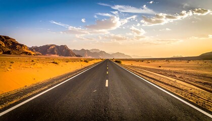 A straight, black asphalt road leads into the distance, framed by desert landscapes under a bright, cloud-filled sky. Golden hues