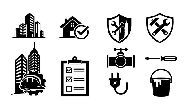 Black White Construction and Facility Maintenance Logo Icons Set Modern Vector Symbols