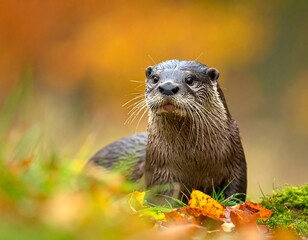 Otter sitting on grass with leaves.