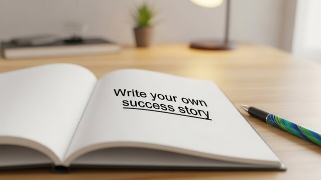 Open notebook with 'Write your own success story' text on a desk symbolizing motivation and planning