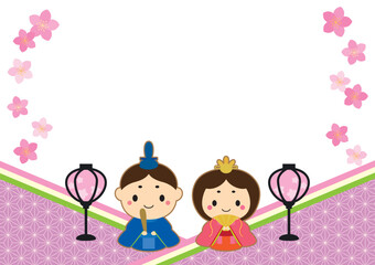 かわいいお雛様と桃の花の和風ひな祭りフレーム/紫