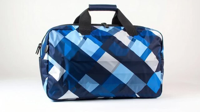 Blue Argyle Patterned Duffle Bag on White.