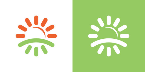 Dual meaning logo combining sun and landscape elements, symbolizing nature, harmony, balance, growth, and a bright, sustainable environment.