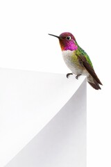 Obraz premium Hummingbird perched on folded white paper corner perch tiny paper fibers visible minimal composition studio photo isolated on white background