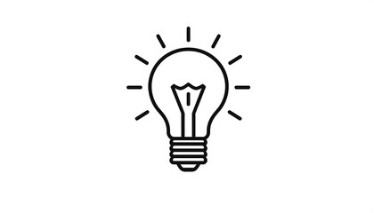 Black and white illustration of an incandescent lightbulb with radiating beams