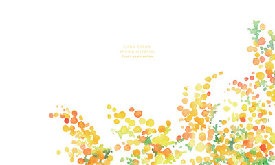 水彩画。水彩タッチの春のミモザフレーム。ミモザのベクターイラスト。春の植物背景。Watercolor painting. Spring mimosa frame with watercolor touches. Vector illustration of mimosa. Spring botanical background.