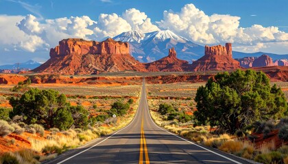 A straight, empty road stretches towards distant red rock formations and a snow-capped mountain under a cloudy blue sky
