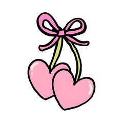 Two pink heart shaped cherries tied with a bow symbol of love and romance