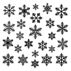 Black and white collection of various snowflake illustrations on a white background