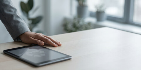 Fototapeta premium Recycling sustainability resource future circular with datum sustainable innovation technology digital environment renewable green office tablet on desk near window plant