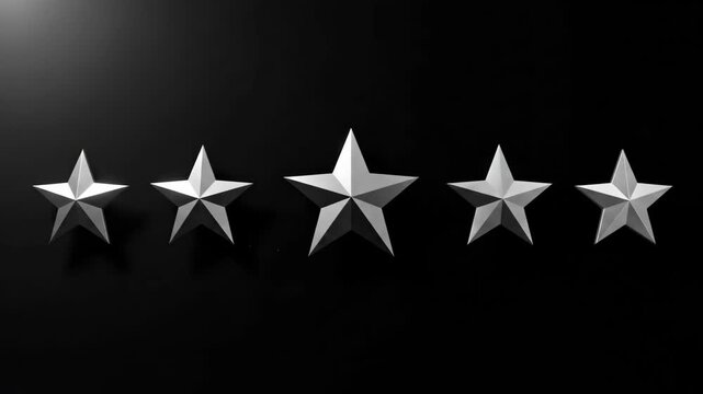 Five star rating animation with glowing effect and sparkling particles. Customer satisfaction review feedback system concept.