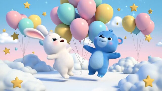 child friendly 3d animated scene cute smiling characters big eyes rounded bodies pastel colors simple playful world with clouds toys and balloons joyful motion soft lighting positive atmosphere smooth