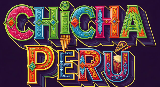Colorful and vibrant decorative lettering with ethnic patterns and musical instruments on a dark background