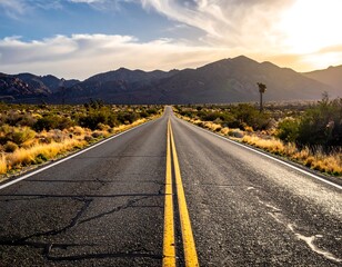 A straight, open asphalt road stretches into the distance, leading towards a mountain range under a bright sky. The landscape features desert vegetation