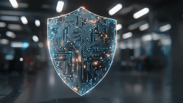 A digital shield with circuit patterns representing cybersecurity.