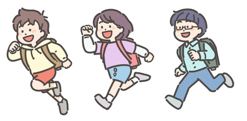 Naklejka premium ランドセルを背負って走る小学生の男の子と女の子の子供たち