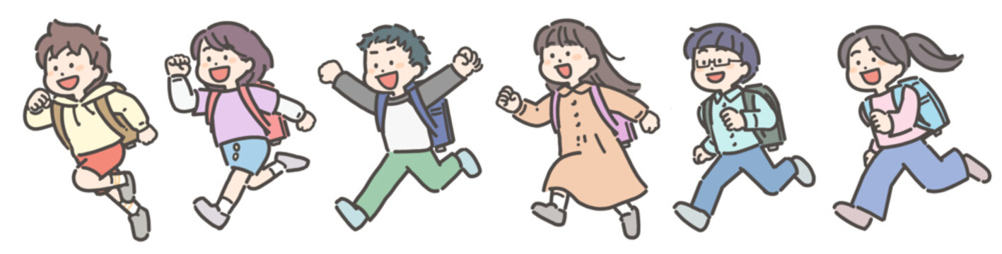 ランドセルを背負って走る小学生の男の子と女の子の子供たち