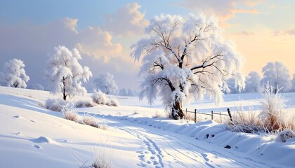 A snow-covered field with frosted trees and a dirt path leading toward a light-filled horizon under a cloudy sky