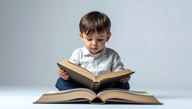 Adorable Young Boy Engaged in Reading a Large Book.