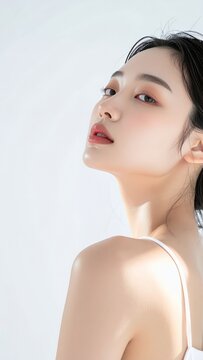 Beautiful Asian Woman with Glowing Skin and Natural Makeup Posing Gracefully.