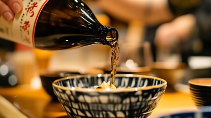 Pouring Authentic Japanese Sake into Ceramic Bowl at Izakaya