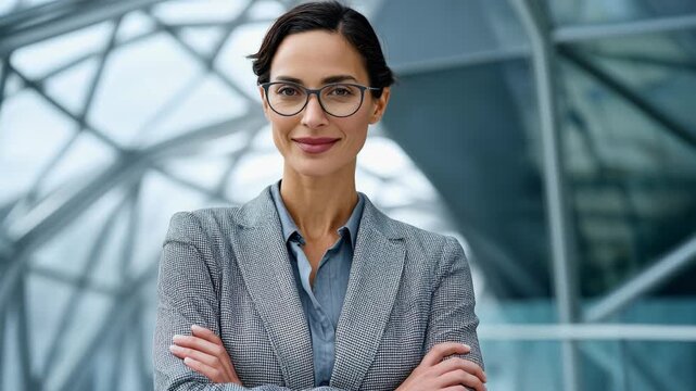 Professional woman in a stylish blazer with glasses, smiling confidently.