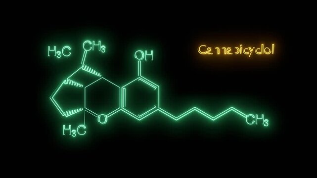 Cannabicyclol or CBL molecular structural chemical formula. Futuristic science backdrop. Pharmacology concept. Neon glowing.