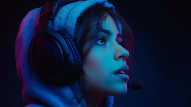 Happy Young Female Game Streamer Wearing Headset with Neon Pink and Blue Lighting