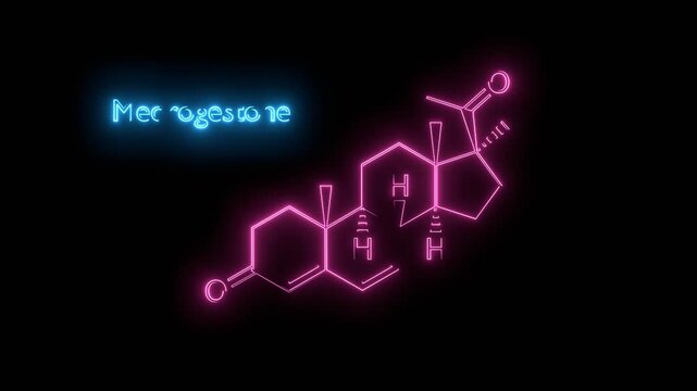 Medrogestone structural formula. Progestin drug used in menopausal symptoms treatment. Neon glowing.