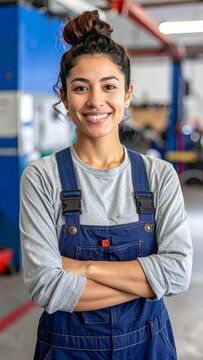 Confident Female Mechanic Smiling in Auto Repair Shop.