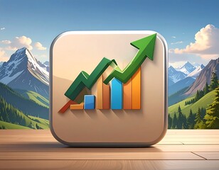 A stylized app icon featuring a colorful, upward-trending bar graph with a green arrow, against a mountain backdrop