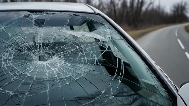 A close-up of a shattered car window with cracks and damage.