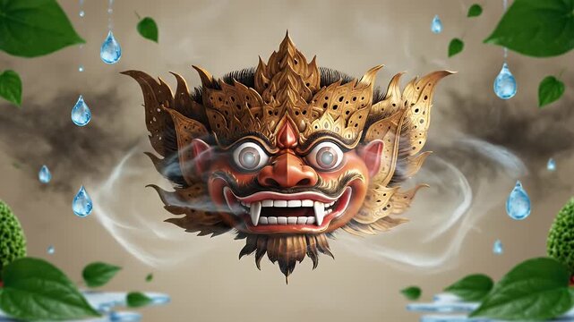 Thai Yaksha Mask Emerging from Smoke with Golden Crown and Raindrops
