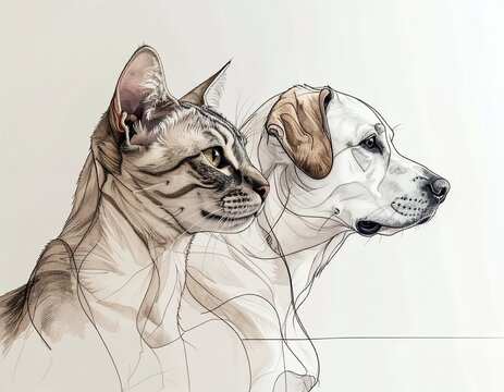 Elegant Line Art Portrait of a Cat and Dog Together.