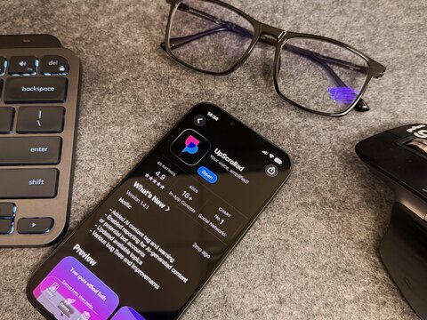KUALA LUMPUR, MALAYSIA - JANUARY 30, 2026: A smartphone displaying the UpScrolled app page on the Apple App Store, centered on a modern office desk.