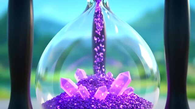Visualizing Sustainable finance reporting as glittering purple sand transforms into radiant crystals, symbolizing growth and value creation over time in an hourglass.