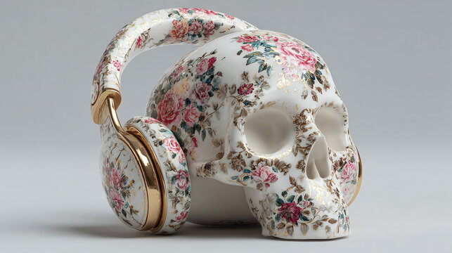 An artistic skull with painted floral pattern wearing a headset. A symbolic and aesthetically pleasing representation of sound