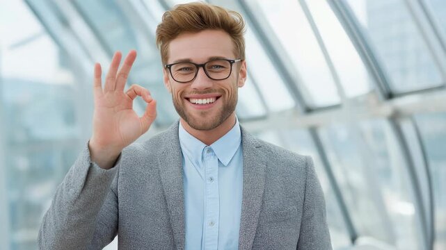 Smiling man in a suit making an 'OK' hand gesture indoors.