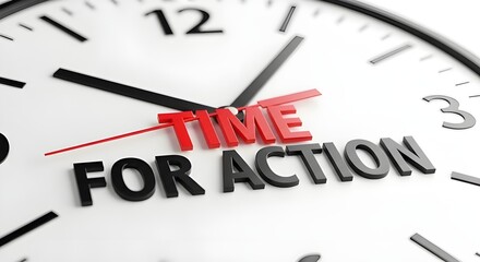 Time for Action text on white round clock face with black numbers and hands isolated PNG with Transparent Background