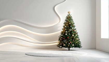 Modern Minimalist Christmas Tree in a Bright White Room with Wavy LED Lighting.