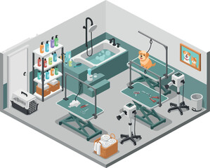 Obraz premium Cozy Pet Grooming Salon Interior with Bathtub, Tables, and Supplies - Isometric View