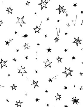 Black and white doodle of various stars and shooting stars scattered on a white background