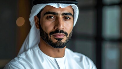 Portrait of a Confident Young Emirati Man in Traditional Attire.