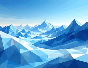 A stylized, cool-toned depiction of an icy, mountain landscape, featuring geometric forms under a clear, bright sky