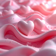 Pink Hearts Floating on Wavy Liquid Surface with Droplets.